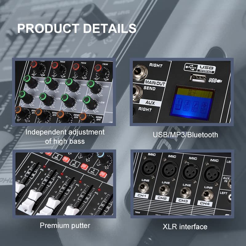 Powermixer Mischpult mit Verstärker, Audio Mixer 8 Kanal Soundcraft Mischpult, Dj Mischpult Profi Audio Interfac Streaming Musik Mixer Live Soundkarte, 2 * 300w Sound Board with 16 Kinds DSP Reverb
