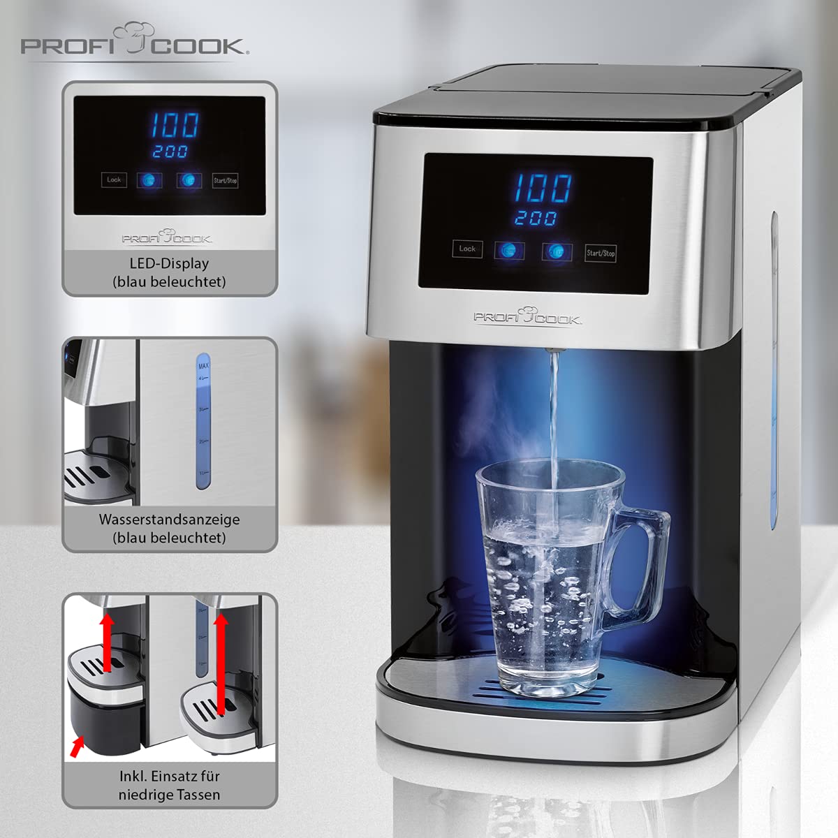 ProfiCook® Heißwasserspender | heißes Wasser in 3 Sekunden | Wasserkocher | kochendes Wasser auf Knopfdruck | Edelstahlgehäuse | LED-Display mit Sensor Touch-Bedienung | 2600 Watt | PC-HWS 1145