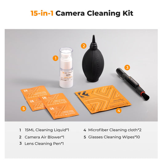 K&F Concept Kamera Reinigungsset zur Linsen-, und Objektivreinigung für Fototour (inkl. Lenspen, Blasebalg, Mikrofasertuch, Feuchttücher & Flüssig-Reiniger)