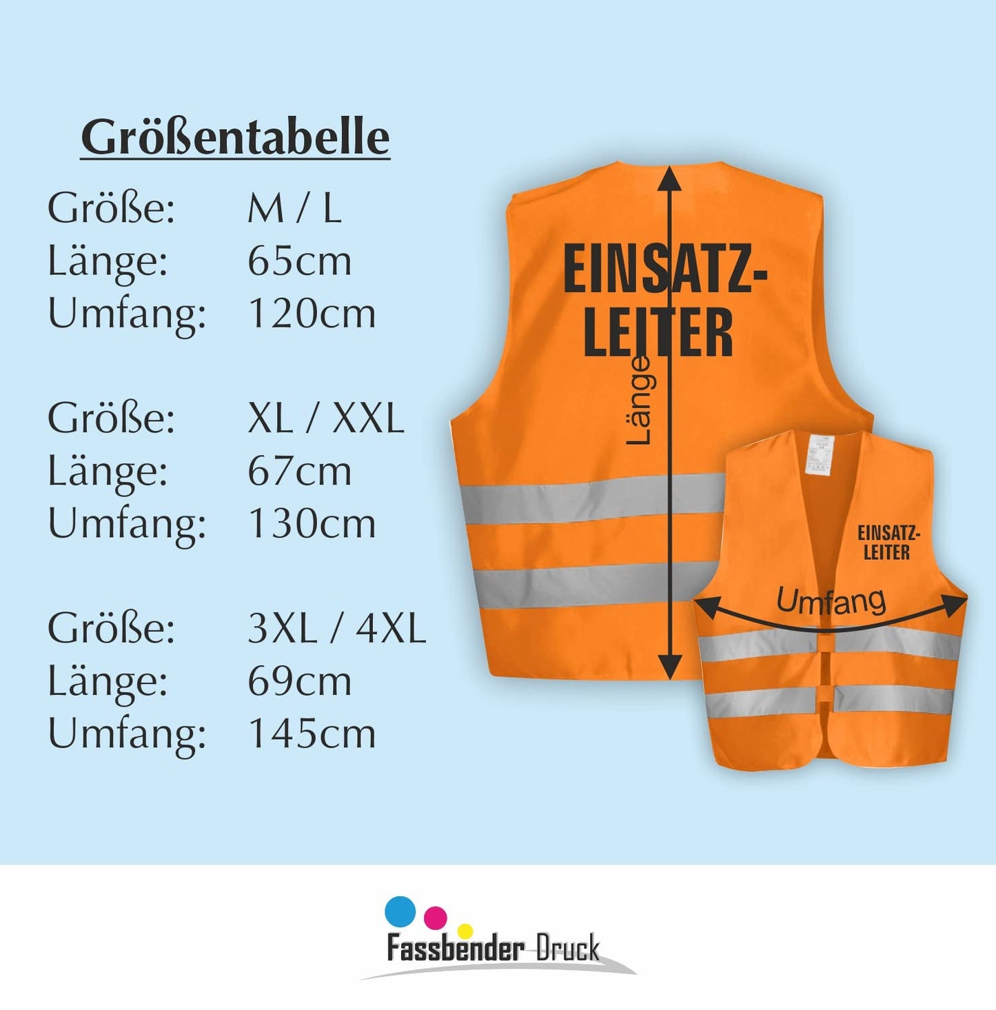 Fassbender-Druck WARNWESTEN - Sicherheitsweste ORANGE Warnweste nach EN ISO 20471 zertifiziert - Warn Weste für EINSATZLEITER - Unisex mit hochwertigem Reflektorstreifen (ORANGE I M/L I 1St.)