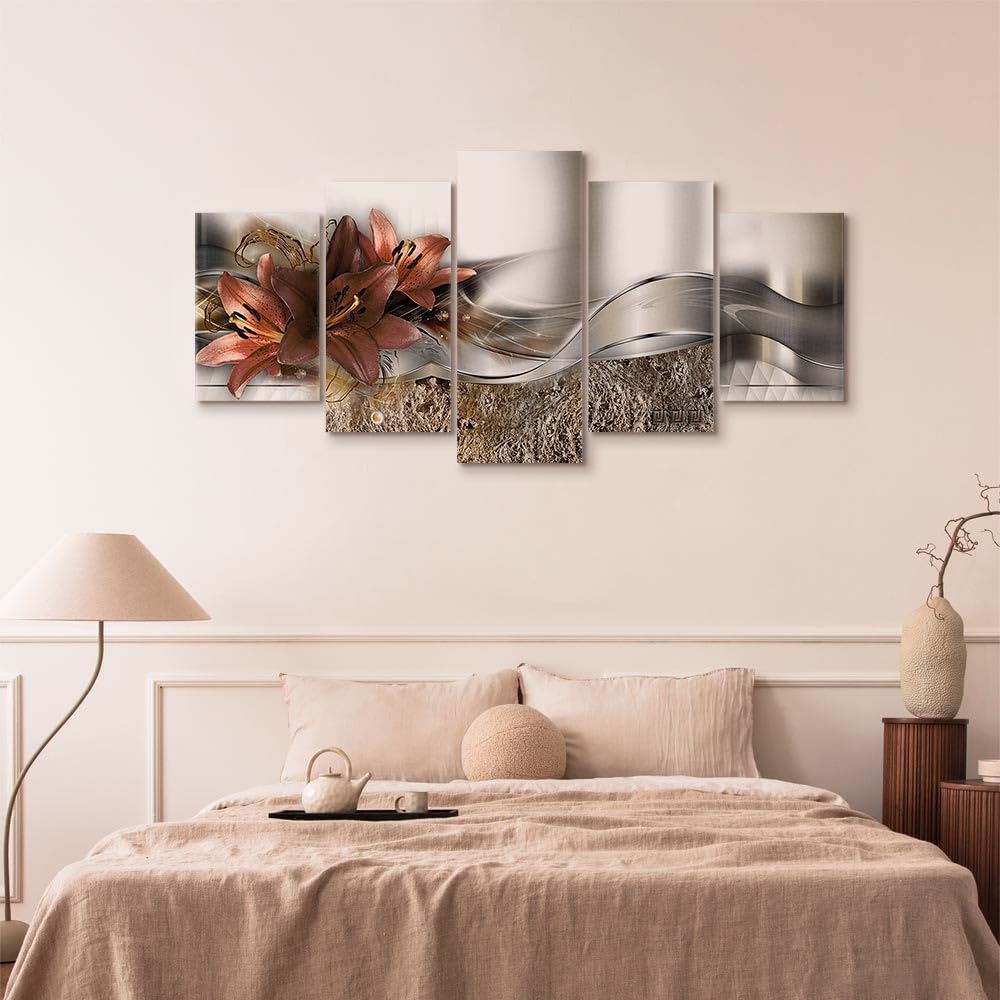 murando - Wandbilder XXL Blumen 200x100cm 5 tlg - Wand Deko Leinwand Bilder Groß Wanddeko Wohnzimmer Schlafzimmer Kunstdrucke - Lilien Abstrakt Diamant Textur silber dunkelrot
