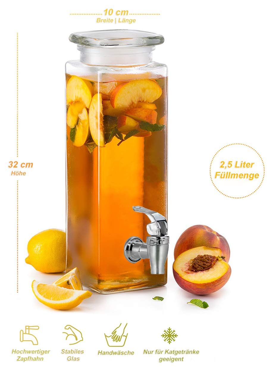 Mary´s Kitchen Tools Eckiger Getränkespender 2,5 Liter aus Glas | mit Zapfhahn | Retro Wasserspender | Limonadenspender | Saftspender |Bowle | Dispenser