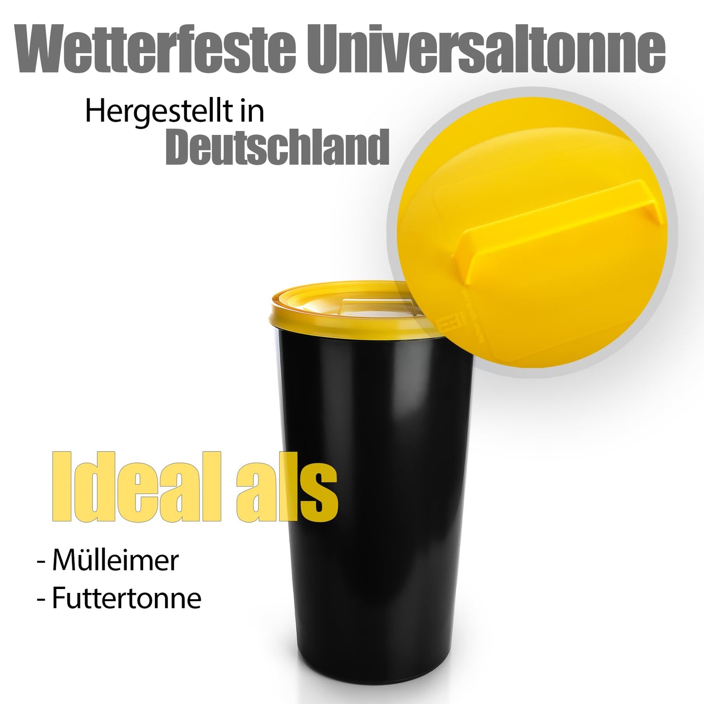 BigDean wetterfeste Universaltonne 60L mit luftdicht verschließbarem Deckel in Gelb – auch als Mülleimer – Futtertonne oder Mülltonne geeignet – Innen + Außen geeignet – Made in Germany