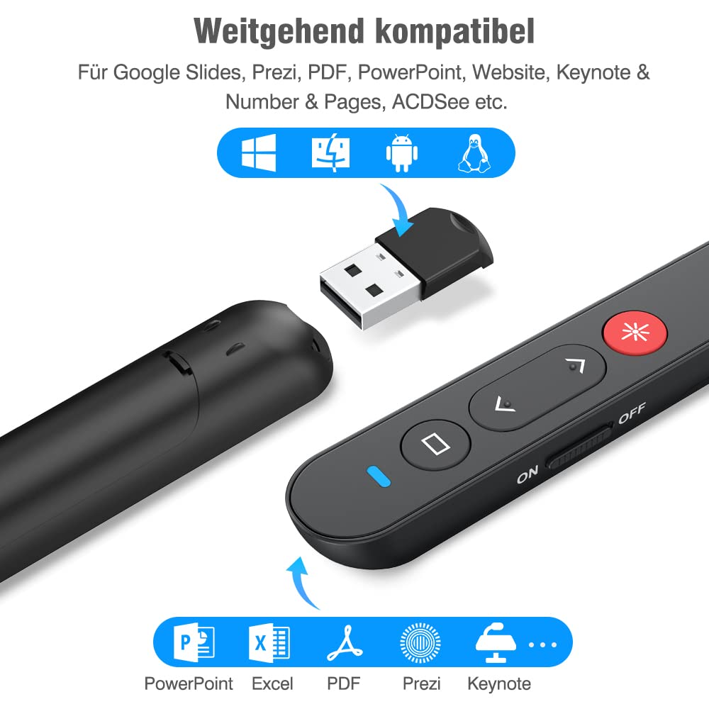 HASACOOL Presenter, 2.4 GHz Powerpoint Fernbedienung via USB Empfänger, Rot Pointer für Präsentationen mit Stiftclip, Präsentationsfernbedienung für Windows/Mac OS/Android/Linux/Keynote/PPT