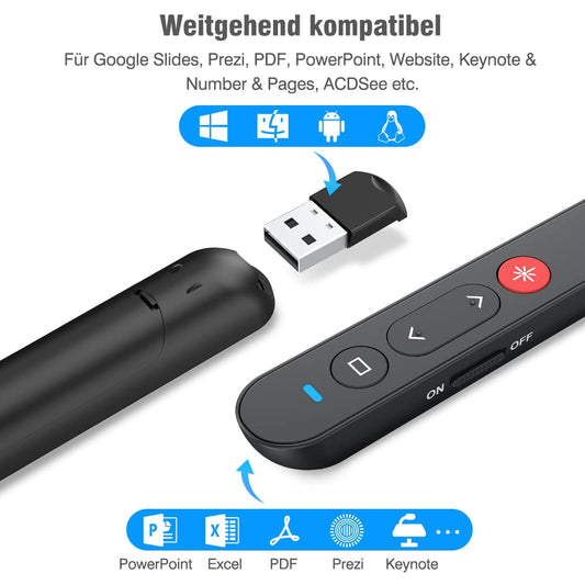 HASACOOL Presenter, 2.4 GHz Powerpoint Fernbedienung via USB Empfänger, Rot Pointer für Präsentationen mit Stiftclip, Präsentationsfernbedienung für Windows/Mac OS/Android/Linux/Keynote/PPT