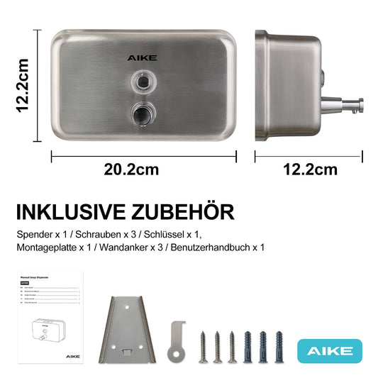 AIKE Aktualisierter Seifenspender aus Edelstahl, Wandmontage, 1100 ml große Kapazität, manueller Flüssigseifenspender, rostfrei für gewerbliche und häusliche Nutzung AK1005