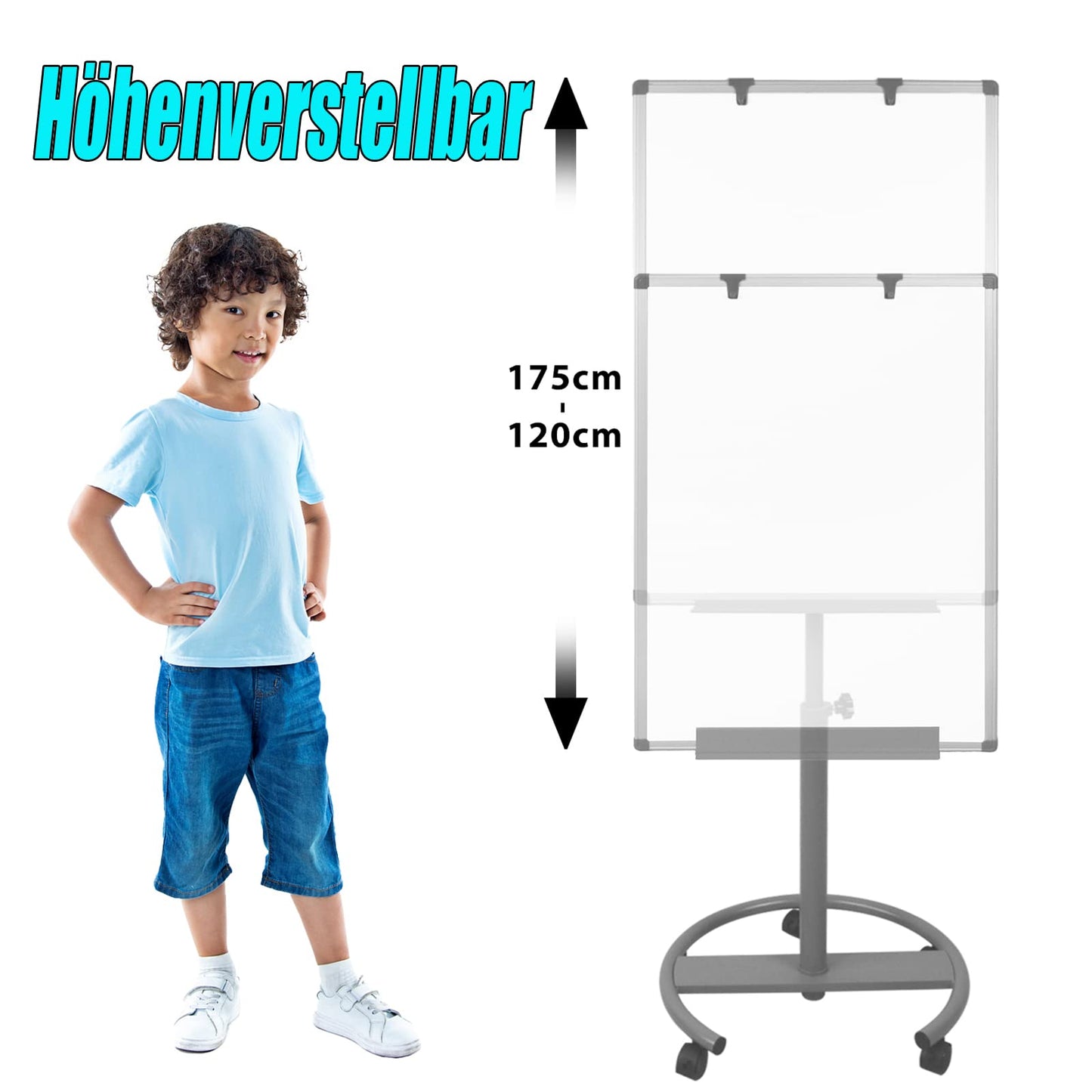 YRHome Flipchart mit Rollen 60x90 cm Whiteboard auf Rollenfuß Mobil Flipchart höhenverstellbar Staffelei Magnetisch Beschreibbar Abwischbar Präsentationstafel Papierhalter (Rundfuß mit Rollen)