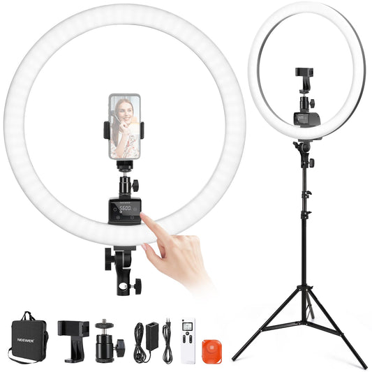 NEEWER Ringlicht SRP18-2,4G 18 Zoll LED mit Ständer und Telefonhalter, 2,4G & Manual Touch Control Professional Ringlicht, 42W 3200-5600K für Tattoo Wimpern Friseur Fotografie Beleuchtung,(Schwarz)