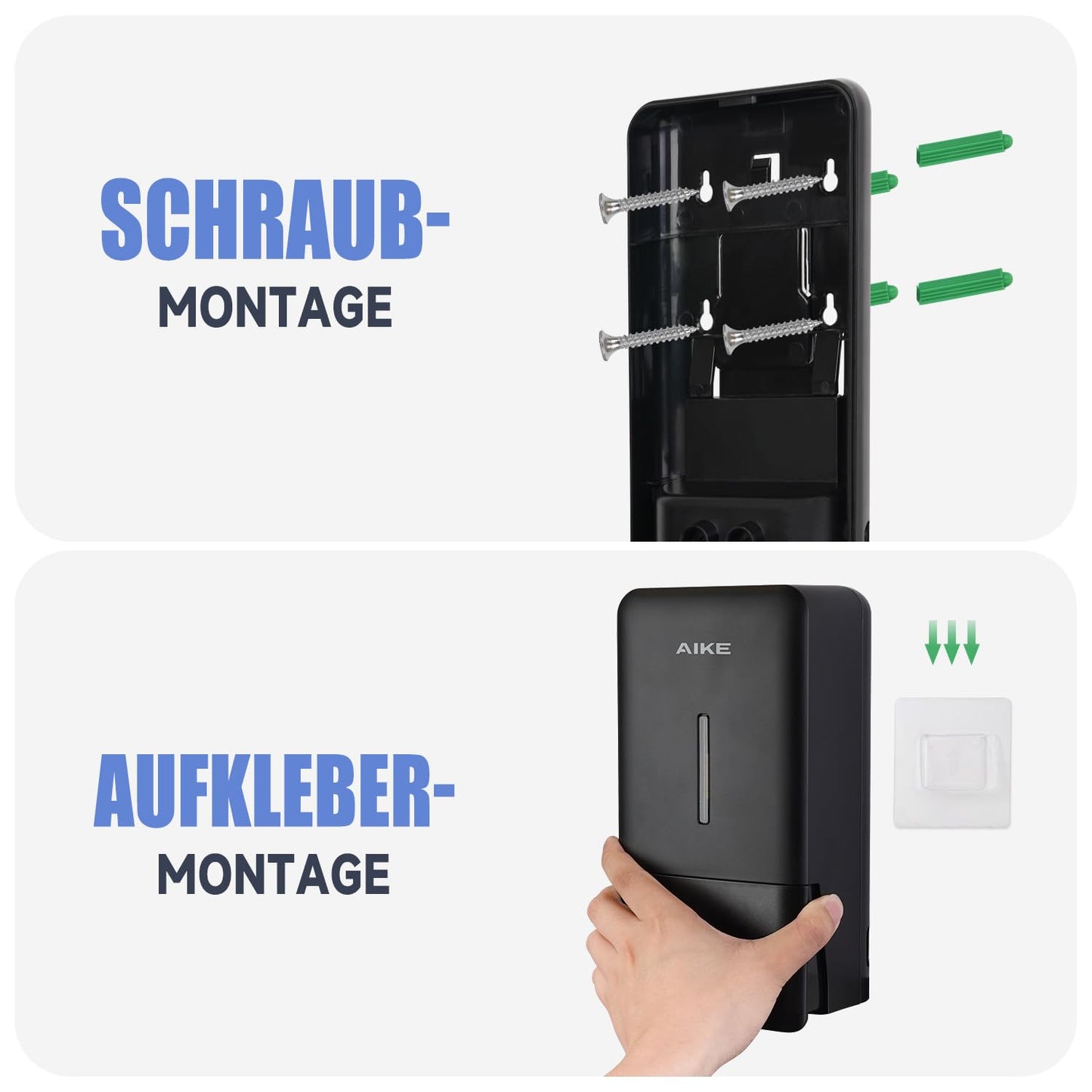 AIKE AK1006 800ML Seifenspender Wandbefestigung Ohne Bohren, Manueller Wandseifenspender aus Kunststoff, Flüssigseifenspender für den öffentlichen Gebrauch, Schwarz Matt
