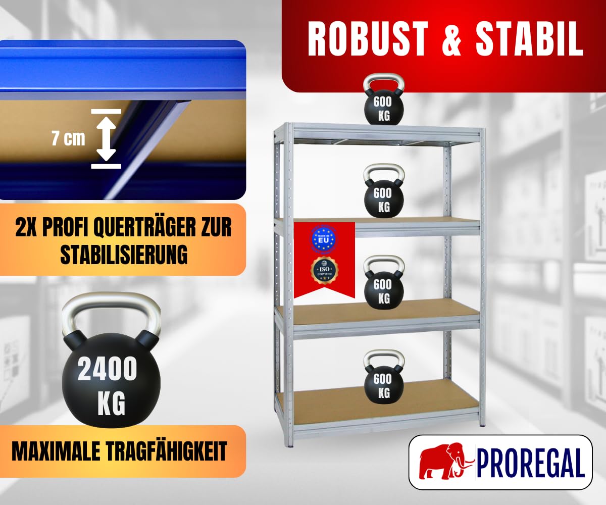 PROREGAL Schwerlastregal Dino 180x120x60 cm Fachlast 600kg Verzinkt, Garagenregal, Lagerregal, Steckregal, Kellerregal