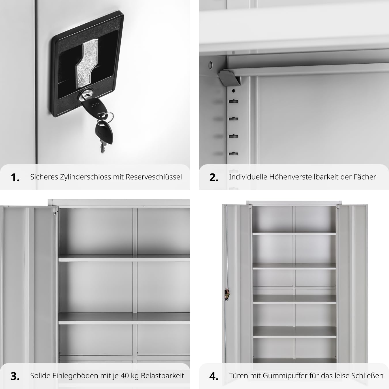 tectake® Aktenschrank, Büroschrank abschließbar, Mehrzweckschrank aus Stahl, Allzweckschrank mit 2 Türen, inkl. 3 höhenverstellbare Einlegeböden, Aktenschrank abschließbar 180x80x40 cm - grau