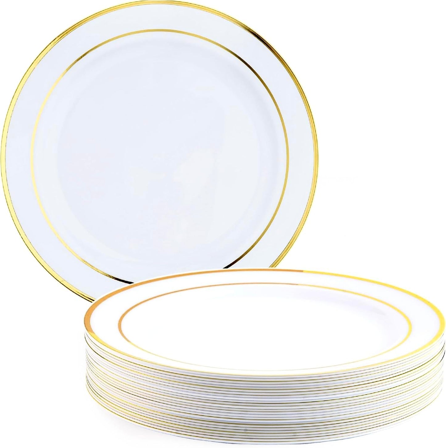 MATANA 25 Premium Weiße Plastikteller mit Goldrand, Mehrweg Kunststoffteller, 26cm - Partyteller Gold für Hochzeiten, Geburtstage, Partys - Elegantes & Stabiles Partygeschirr