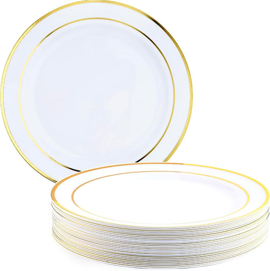 MATANA 25 Premium Weiße Plastikteller mit Goldrand, Mehrweg Kunststoffteller, 26cm - Partyteller Gold für Hochzeiten, Geburtstage, Partys - Elegantes & Stabiles Partygeschirr
