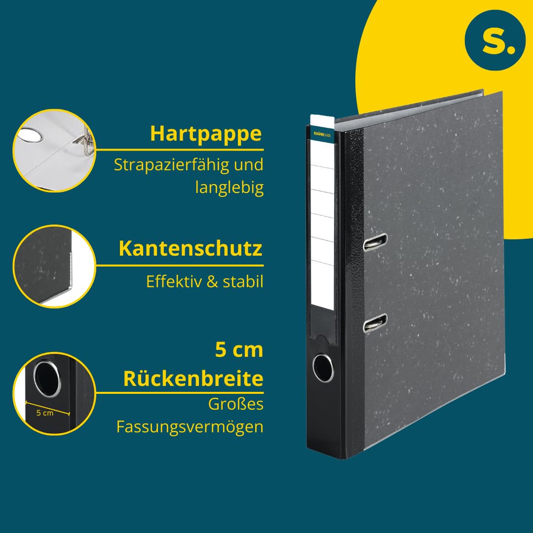 SCHÄFER SHOP Ordner DIN A4 breit – 5 cm Ordnerrücken mit Einsteckrückenschild - Ringbuch Aktenordner Büroordner - Made in Germany - Wolkenmarmor schwarz, 10er Pack