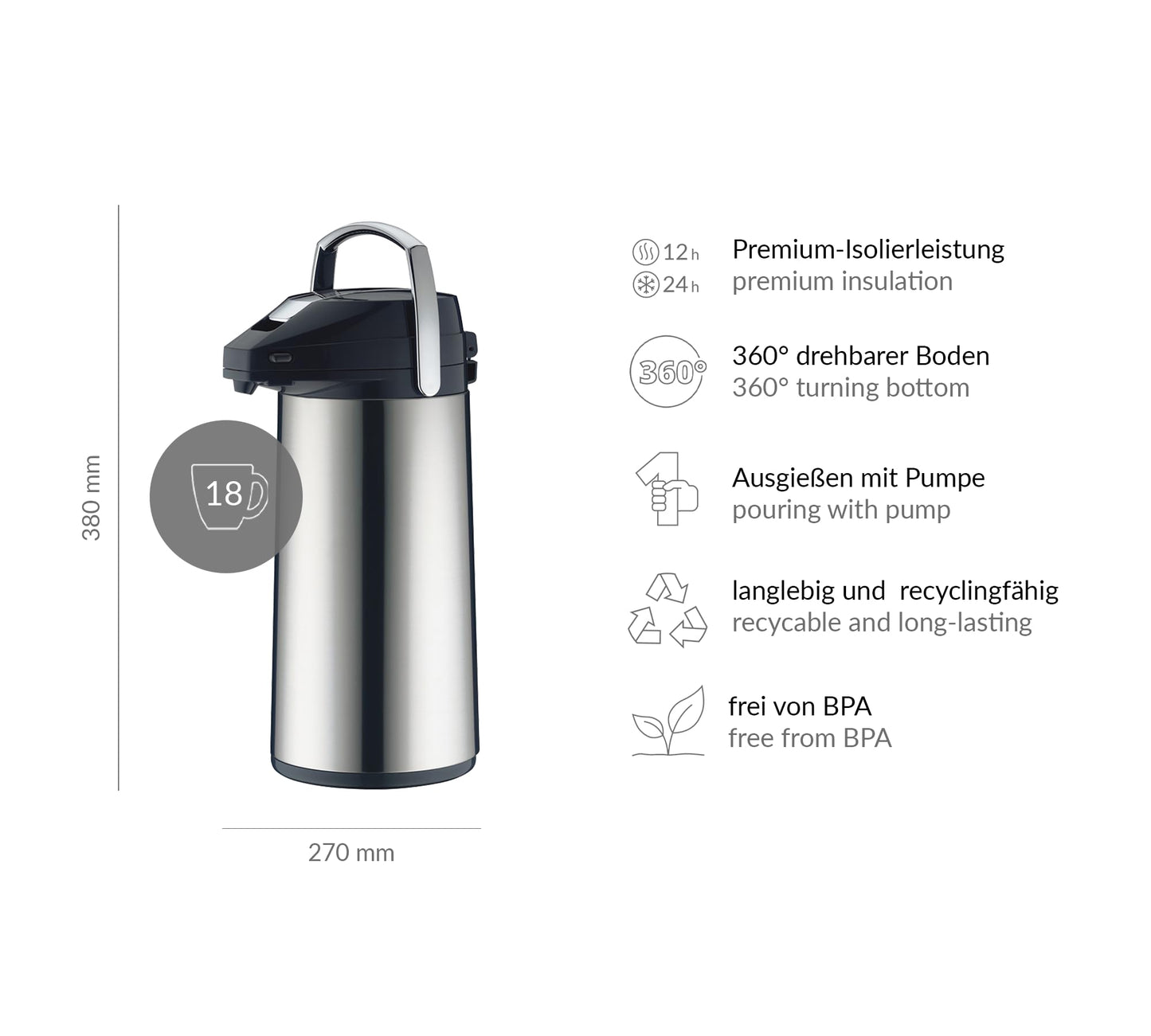 alfi GETRÄNKESPENDER 2,2 Liter, Pumpkanne aus poliertem Edelstahl mit Hartglaseinsatz, integrierte Pumpe, hält 12 Stunden warm, 24 Stunden kalt, für 18 Tassen, 360° drehbarer Boden, ideal für Catering