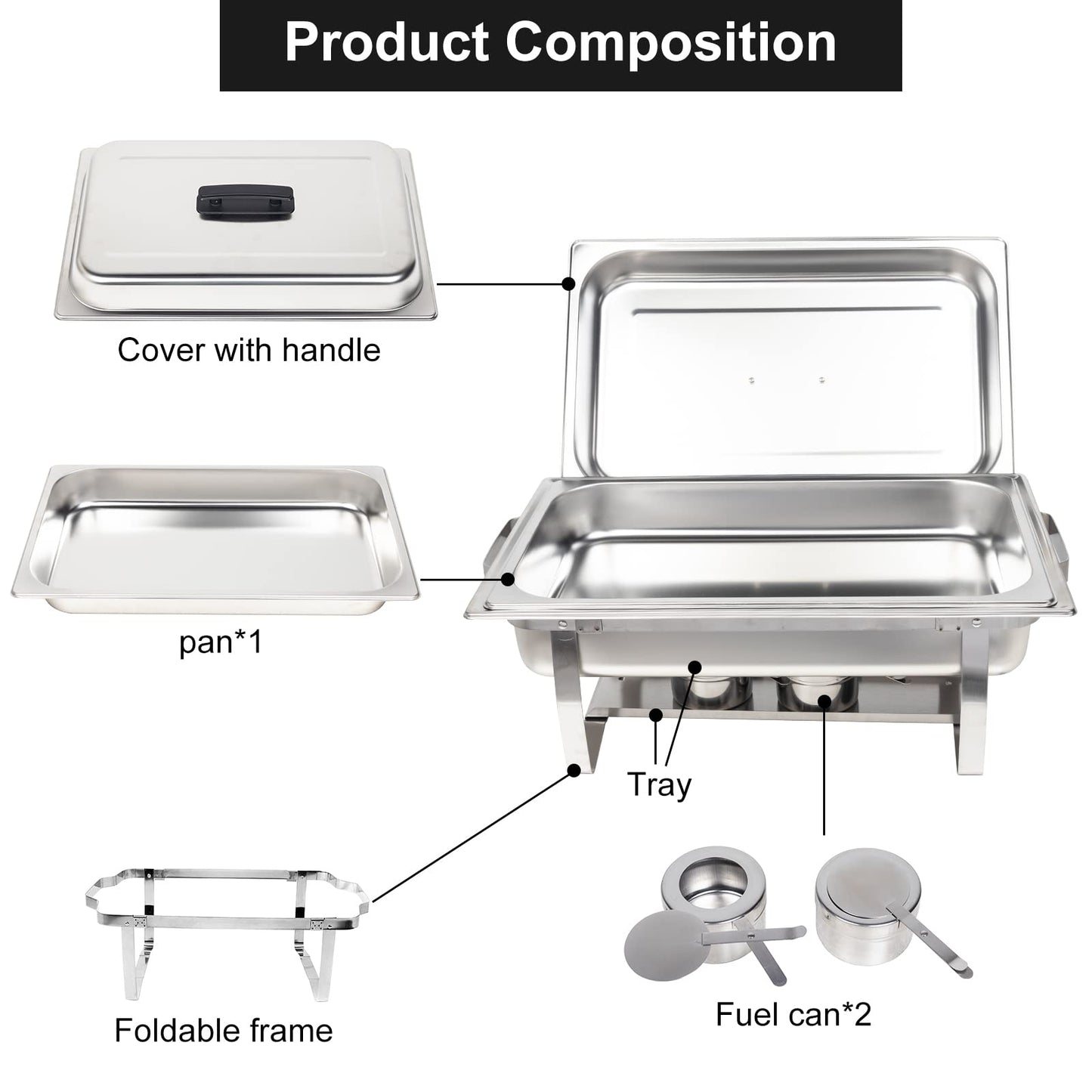 Valgus 9L Edelstahl Chafing Dish Set Buffet Chafer Speisenwärmer mit faltbarem Rahmen Kraftstoff Halter und Deckel Lebensmittel Wärmer für Parteien, Bankett, Buffets, Hochzeit 2 Pack