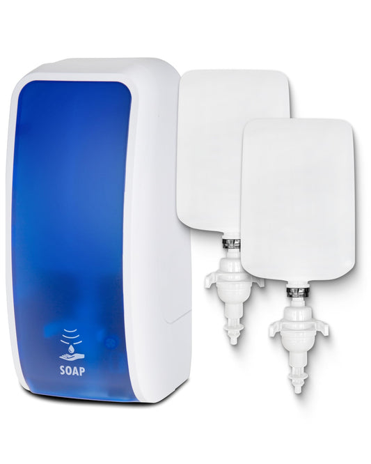 Blanc HYGIENIC Schaumseifen-Spender Cosmos– Seifenspender mit Sensor für Wand-Montage und 2 x 1 Liter Handseife, ergiebige Seife für ca. 7500 Anwendungen, Blau und Weiß