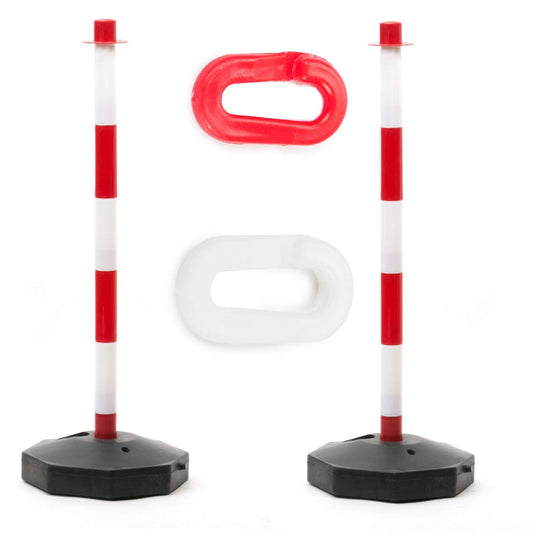 2er Set Absperrpfosten aus Kunststoff Rot-weiß inklusive 2 Verbindungsgliedern im Set als Kettenpfosten 90cm hoch mit Wasser oder Sand befüllbar leicht aufzubauen von Marwotec aus Deutschland