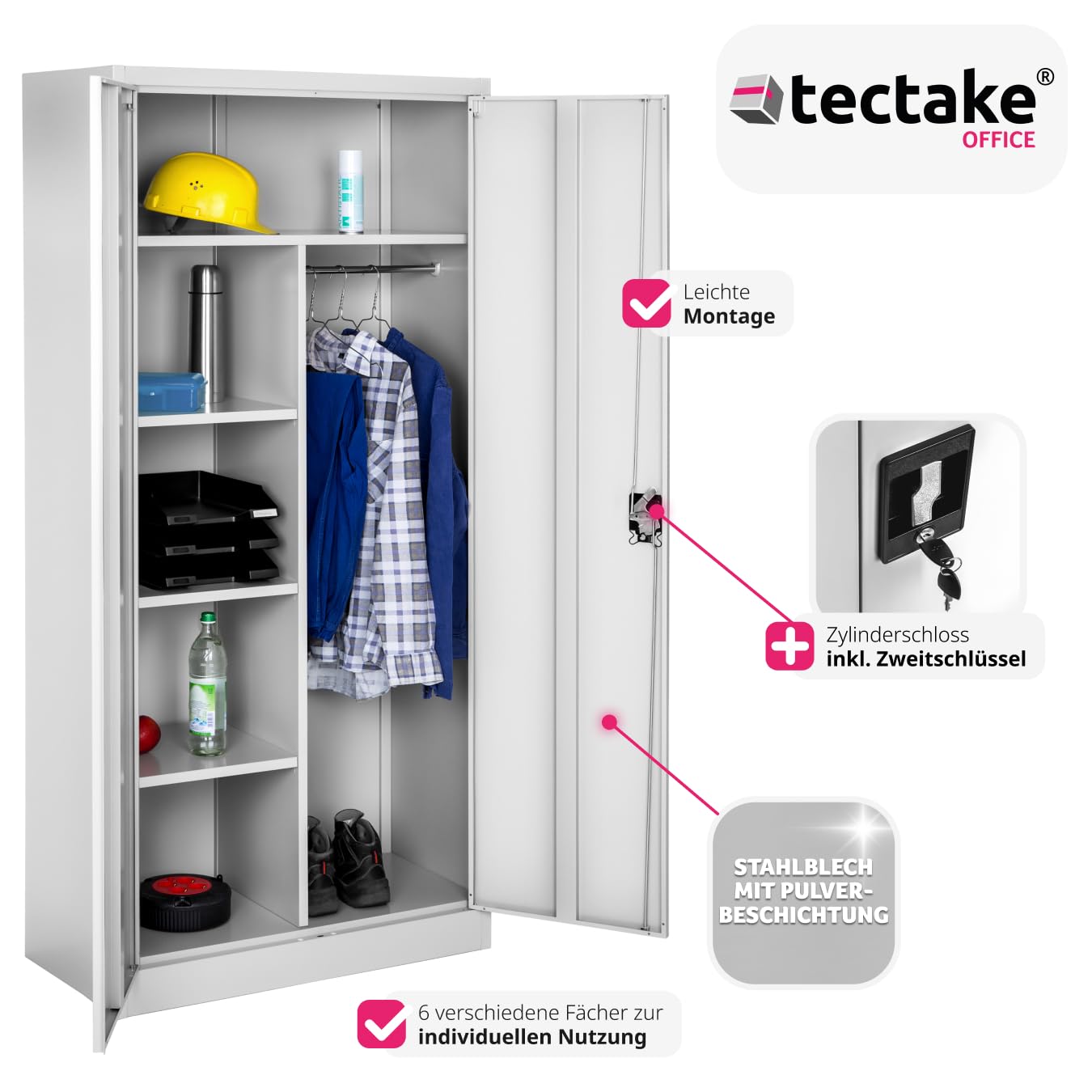 tectake Aktenschrank, Spind Schrank, Mehrzweckschrank, Garderobenschrank mit Kleiderstange, Haushaltsschrank mit 6 Fächern, Aktenschrank abschließbar, ink. Einlegeböden,180x80x40cm – grau