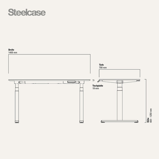 Steelcase Solo Elektromotorisch höhenverstellbarer Homeoffice-Schreibtisch, programmierbares Bedienpaneel, Antikollisionssensor, Kabelnetz, Tischplatte aus Linoleum Mauve, Gestell Messing Matt/Merlot