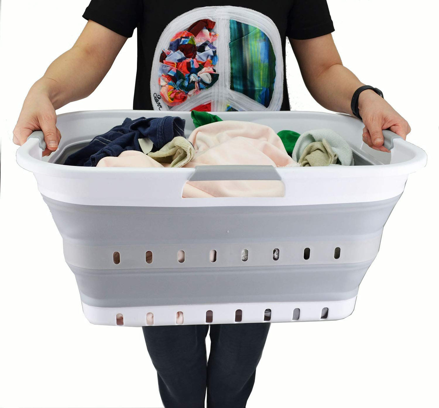 SAMMART 42L Faltbarer Wäschekorb aus Kunststoff –Pop-Up-Aufbewahrungsbehälter/Organizer – tragbarer– platzsparender (1, Weiß/Grau)