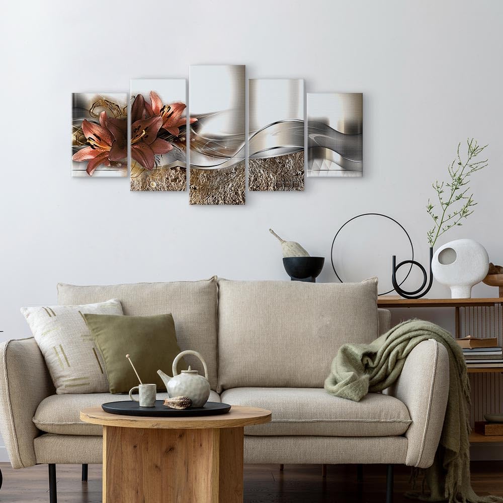 murando - Wandbilder XXL Blumen 200x100cm 5 tlg - Wand Deko Leinwand Bilder Groß Wanddeko Wohnzimmer Schlafzimmer Kunstdrucke - Lilien Abstrakt Diamant Textur silber dunkelrot