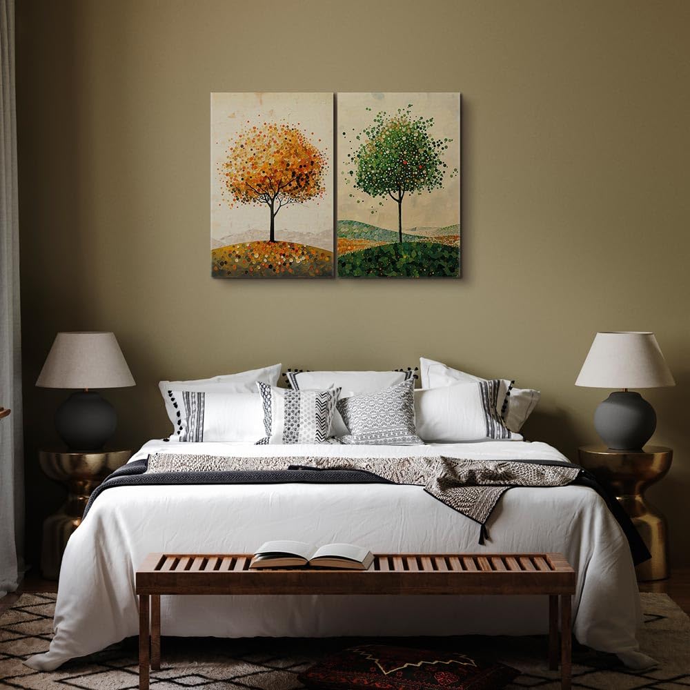 murando - Wandbilder XXL Set Herbst und Sommer Landschaft 120x90cm 2 Teilig je 60x90cm Collage 2er Leinwandbild Groß Wanddeko Wohnzimmer Wanddekoration - Wandkunst Farbenfrohes Baum c-H-10084-b-a