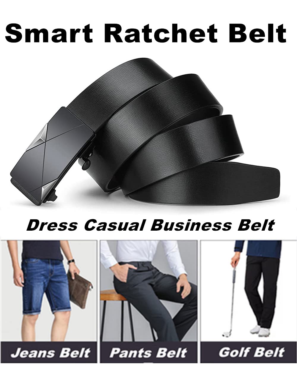 Gürtel Herren, Ledergürtel Herren Schwarz Automatikschließe Gürtel Schnellverschluss Ratsche Gürtel ohne löcher verstellbar für Herrenkleid Lässig Hose Anzug Jeans Hose, 35mm Breit, Größe Angepasst