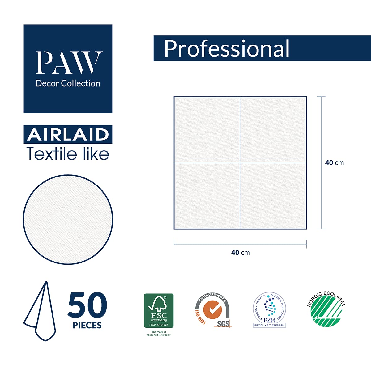 PAW - Servietten aus Airlaid - Stoffähnlich (40 x 40 cm) I 50 Stück I Ideal für Hochzeit, Taufe, Kommunion, Geburtstag I Stoffservietten - Natur, Grün I Farbe: Linen Structure GREEN