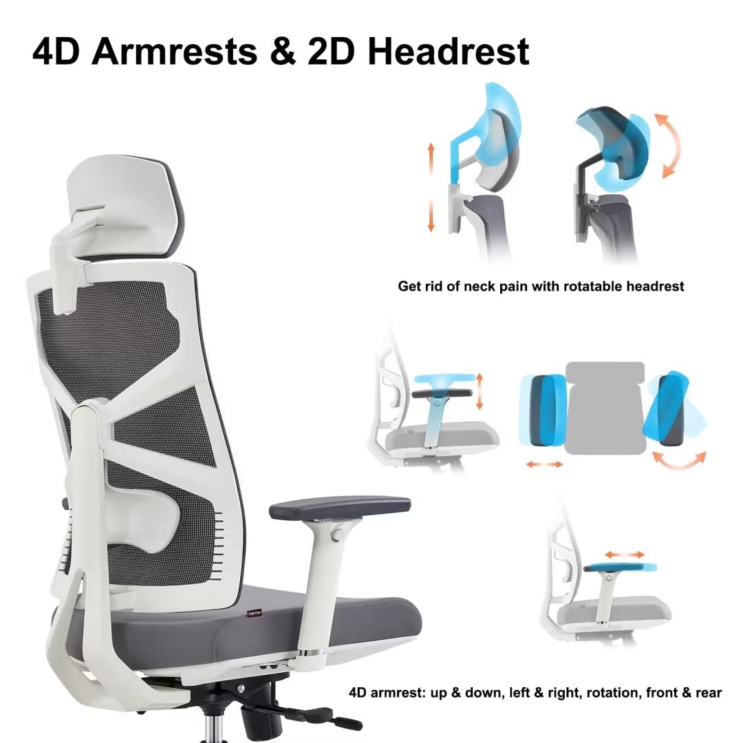 HOLLUDLE Ergonomischer Bürostuhl mit Adaptiver Rückenlehne, Schreibtischstuhl mit 4D Armlehnen, Verstellbarer Sitztiefe, Lendenwirbelstütze und 2D Kopfstütze, Atmungsaktiver Netz-Chefsessel, Weiß