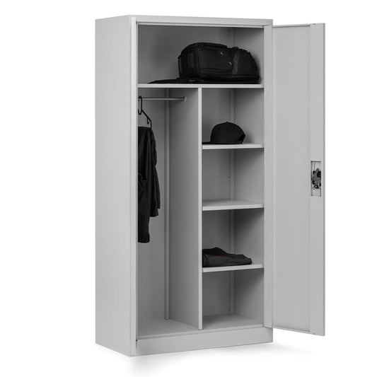 Domator Metallschrank 185 x 90 x 45 cm | Aktenschrank Abschließbar mit Kleiderstange, Pulverbeschichtung | Aufbewahrungsschrank Umkleideschrank Spind Kleiderstange | Grau