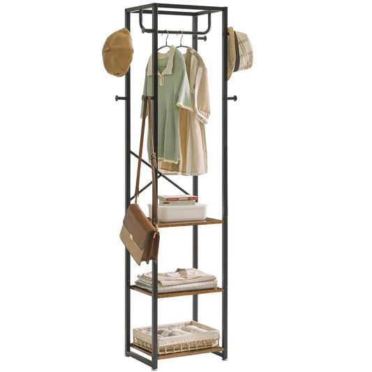IBUYKE Garderobenständer, Kleiderständer mit 3 Ablagen und 8 Haken, Freistehende Garderobe, Industrie-Stil, für Schals, Taschen, Regenschirme und Boxen, Vintagebraun-schwarz TMJ088H
