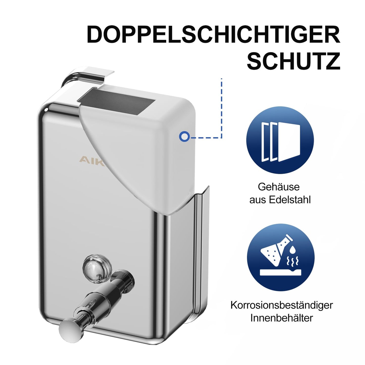 AIKE Seifenspender zur Wandmontage, 1100 ml Seifenspender aus Edelstahl, integrierte Kunststoff-Schutzschicht, rostfrei, verschleißfest und tropfsicher, kommerzieller Seifenspender Wandbefestigung