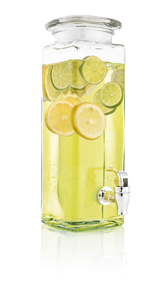 Mary´s Kitchen Tools Eckiger Getränkespender 2,5 Liter aus Glas | mit Zapfhahn | Retro Wasserspender | Limonadenspender | Saftspender |Bowle | Dispenser