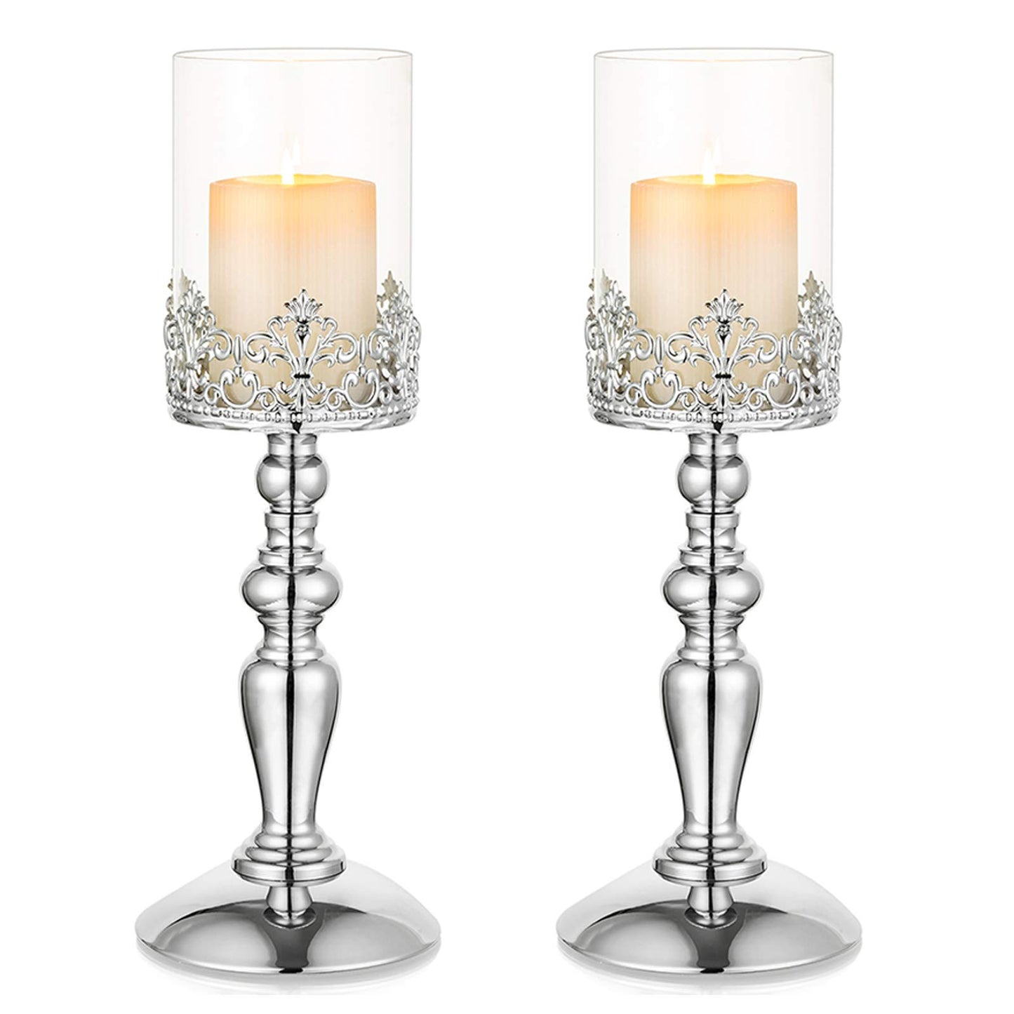 NUPTIO 2 Stück Silber Säule Kerzenhalter mit Glas, Hurricane Kerzenhalter, 32cm Hoch Kerzenlichthalter für Hochzeitstag Einweihungsfeier Weihnachtsfeier Tisch Kamin Mantel Mittelstücke