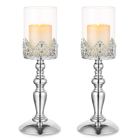 NUPTIO 2 Stück Silber Säule Kerzenhalter mit Glas, Hurricane Kerzenhalter, 32cm Hoch Kerzenlichthalter für Hochzeitstag Einweihungsfeier Weihnachtsfeier Tisch Kamin Mantel Mittelstücke
