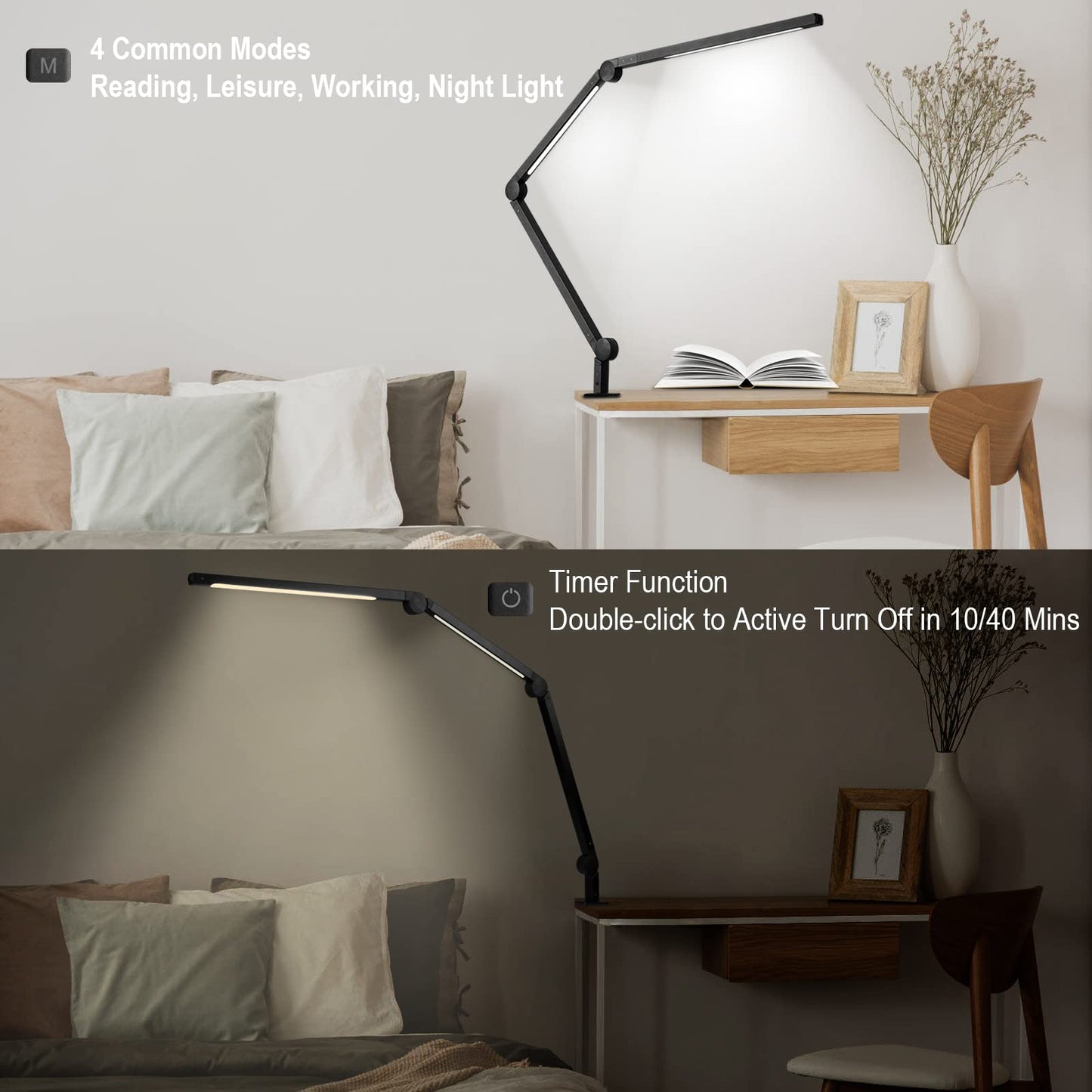Eyocean LED Schreibtischlampe,Schwenkarm Architektenlampe Arbeitsleuchte,Berührungssteuerung Büro Tischlampe, Stufenloses Dimmen einstellbare Farbtemperaturen,Augenschutz, 10W Klemmleuchte,Mattschwarz