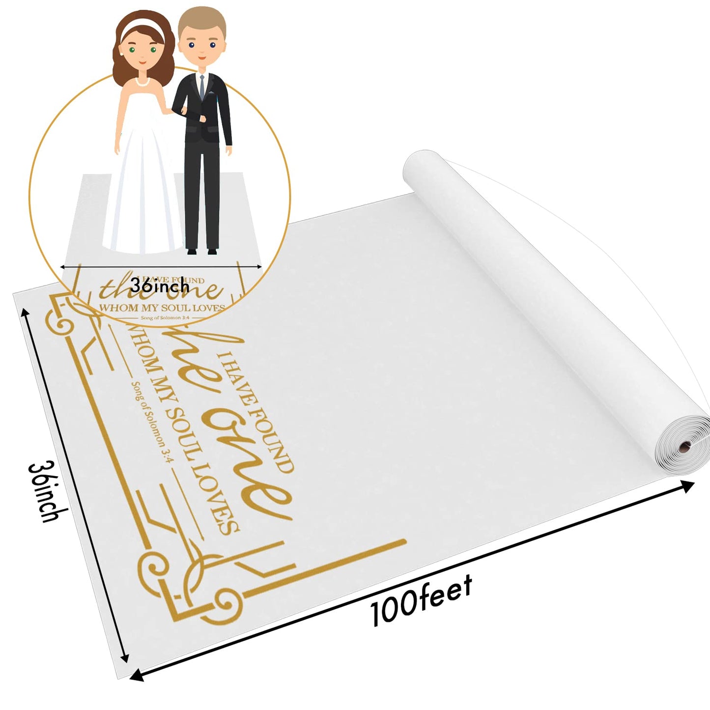 HEALON Weißer Hochzeitsgangläufer (30 m x 91 cm) – inklusive Zugschnur für Hochzeiten im Innen- oder Außenbereich, Abschlussball und Partys (goldener Buchstabendruck)