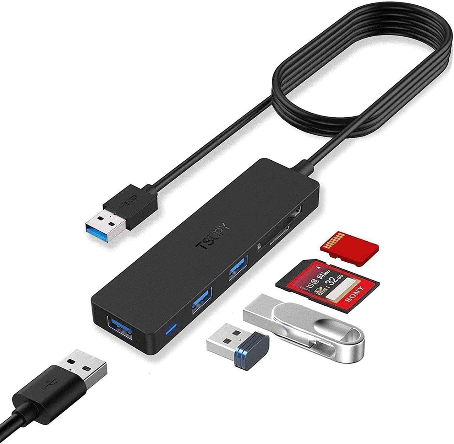 TSUPY USB Hub 3.0 1.2m Kabel 5 in 1, USB Adapter auf 3 USB 3.0 verlängerung + SD TF Kartenleser für Ihre Laptop PC usw