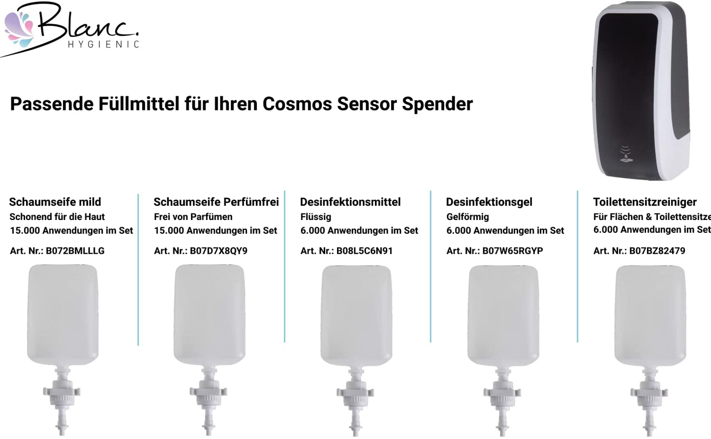 Blanc HYGIENIC Desinfektionsspender Cosmos – Spender mit Sensor und Standfuß, Spender stehend und 3X 1 Liter Desinfektionsmittel, ergiebige Händedesinfektion für ca. 3.000 Anwendungen, Schwarz