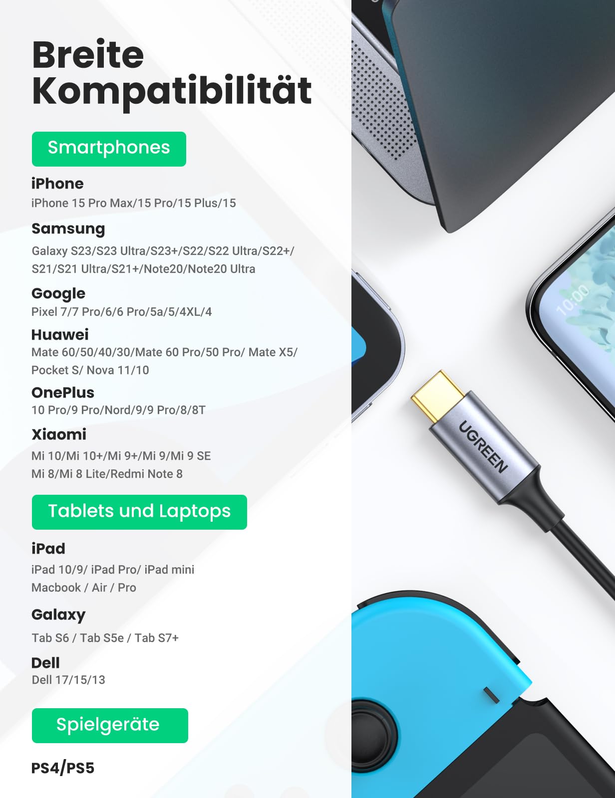 UGREEN USB C auf Cinch Audio Kabel Type C auf 2RCA Stereo Adapterkabel kompatibel mit iphone 16 Serie, Huawei P60/50/40, Galaxy S24 Ultra/S24+/S24, iPad Pro/Air, MacBook Pro, Mac mini M4(1,5m)