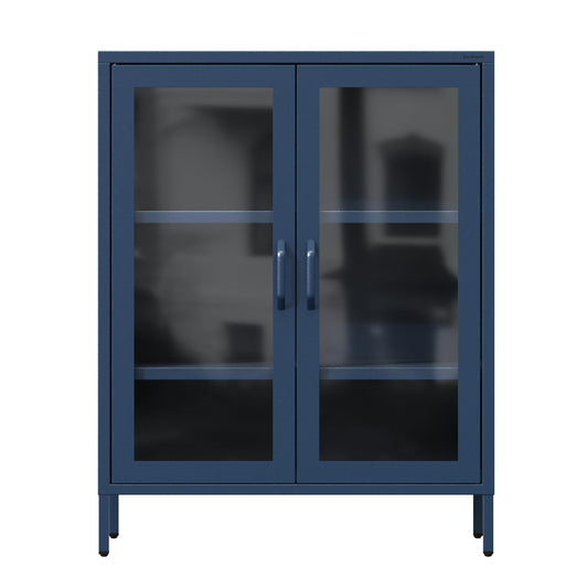 Jan Nowak 2-türiger Vitrinenschrank - GINA | 2 verstellbare Ablagen, Gehärtetes Glas, Wandmontage | Glasvitrine Stehend, Vitrine Glas, Wohmzimmerschrank Glitzernd | 80 x 101,5 x 40 cm | Dunkelblau