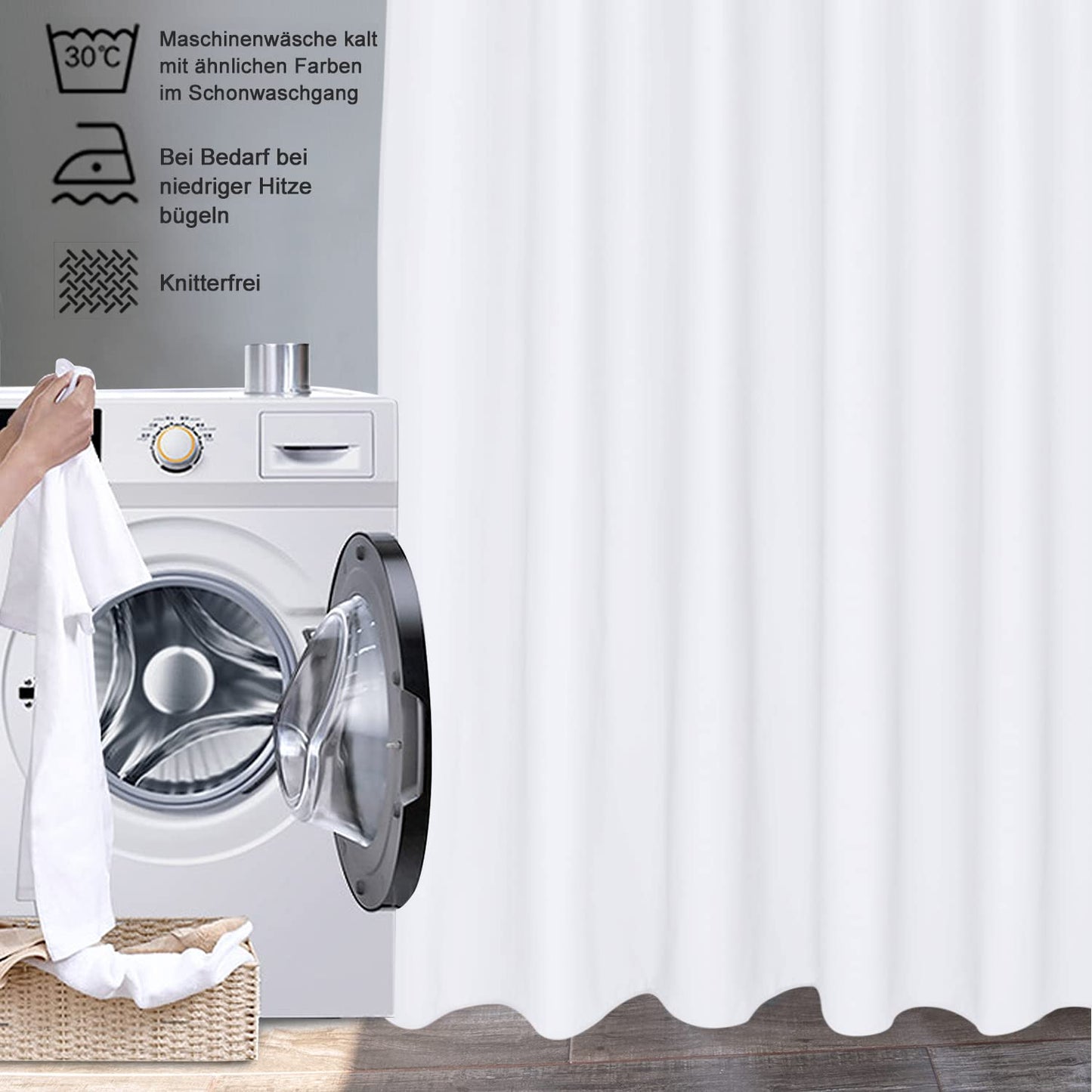 EurCross Duschvorhang 180x200 cm Weiß Textil,Anti-schimmel Wasserdicht und Trocknet Schnell,Waschbar Hochwertig Stoff Duschvorhang Badewanne 1.8 x 2m Lang mit 12 Ringen