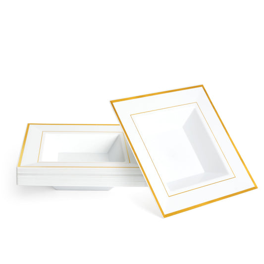 MATANA 20 Weiße Quadratische Plastikschalen mit Goldrand, Suppenteller, Suppenschalen (360ml) - Suppenschüssel für Hochzeiten, Geburtstage, Weihnachten, Partys - Mehrweg & Stabil