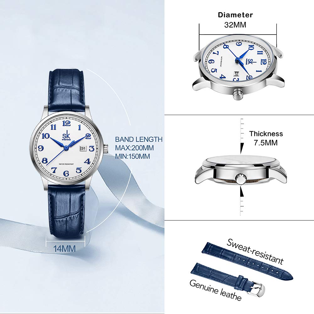 SHENGKE SK Classic Business Women Watches with Stainless Steel Band and Genuine Leather Elegant Ladies Calendar Watch(Arabic Number-Blue Leather)