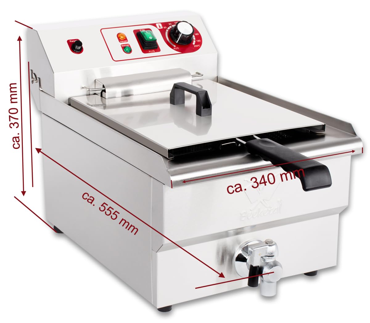 Beeketal BWF-161P Profi Kaltzonen-Fritteuse, 16L Edelstahl Gastro-Modell für Imbiss, mit 11L Ölmenge, Doppelheizung und Ablaufhahn