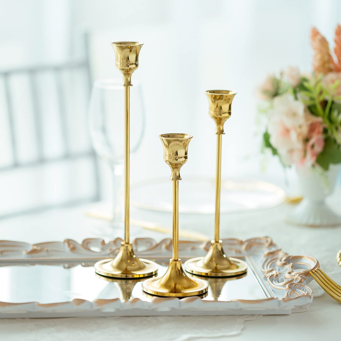 Romadedi kerzenständer Metall Gold 15er Set - Dekorativer Vintage Kerzenhalter in Unterschiedlicher Größe Kerzen Ständer für Stabkerze Spitzkerzen Hochzeit Party Weihnachten Tischdeko 15/19/24cm