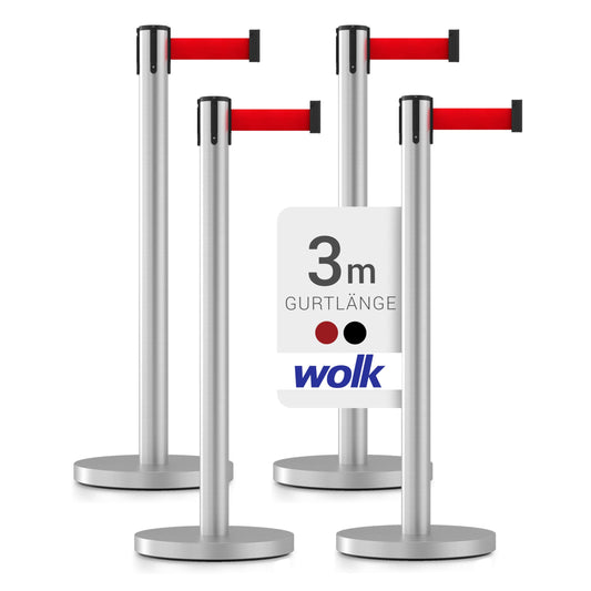 Gurtpfosten Edelstahl gebürstet - 4er Set - Pfostenhöhe: 98,0 cm, Gurtlänge: 3,0 m, Gurtbandbreite: 4,8 cm - Gurtfarbe: rot