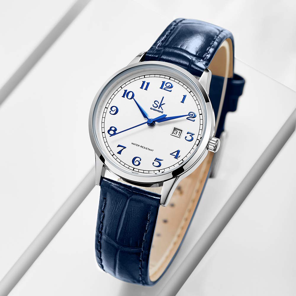 SHENGKE SK Classic Business Women Watches with Stainless Steel Band and Genuine Leather Elegant Ladies Calendar Watch(Arabic Number-Blue Leather)