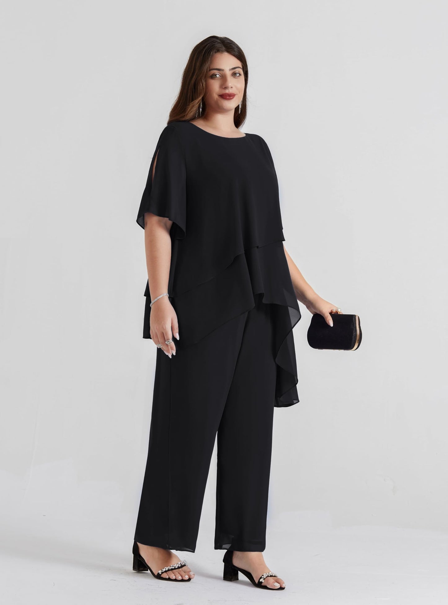 Hanna Nikole Damen Übergröße Chiffon Kurzärmel 2-Teiliges Set Kurzärmel Vorne Kurz Hinter Lang Rundhals Chiffon Hosenanzug Damen Elegant Sommer für Brautmutter Hosenanzug Black 46